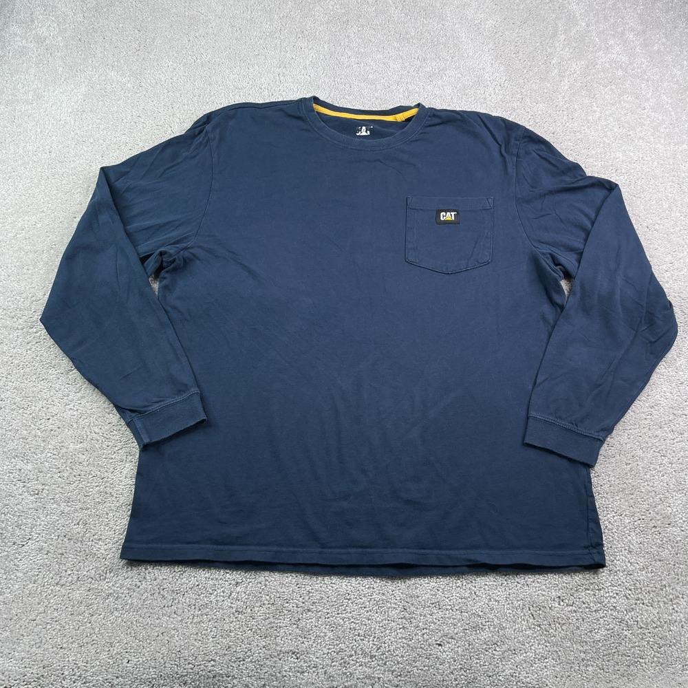Caterpillar CAT Shirt Mens XL Blue Long Sleeve Pocket Tee Workwear Heavyweight